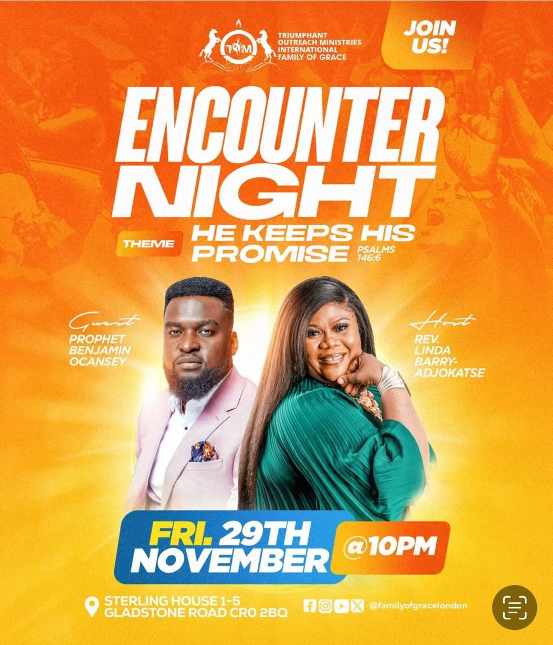 Promotional flyer for 'Encounter Night' event with Pastor Prophet Benjamin Ocansey and Rev. Linda Barry-Adjokatse scheduled for Friday, November 29th at 10 PM at Sterling House, Gladstone Road, Croydon.