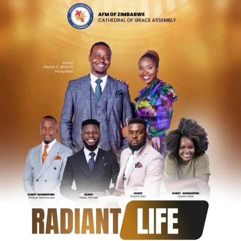 Group photo of six church leaders, including pastors and worship leaders, at the Cathedral of Grace Assembly under AFM of Zimbabwe, with a golden background.