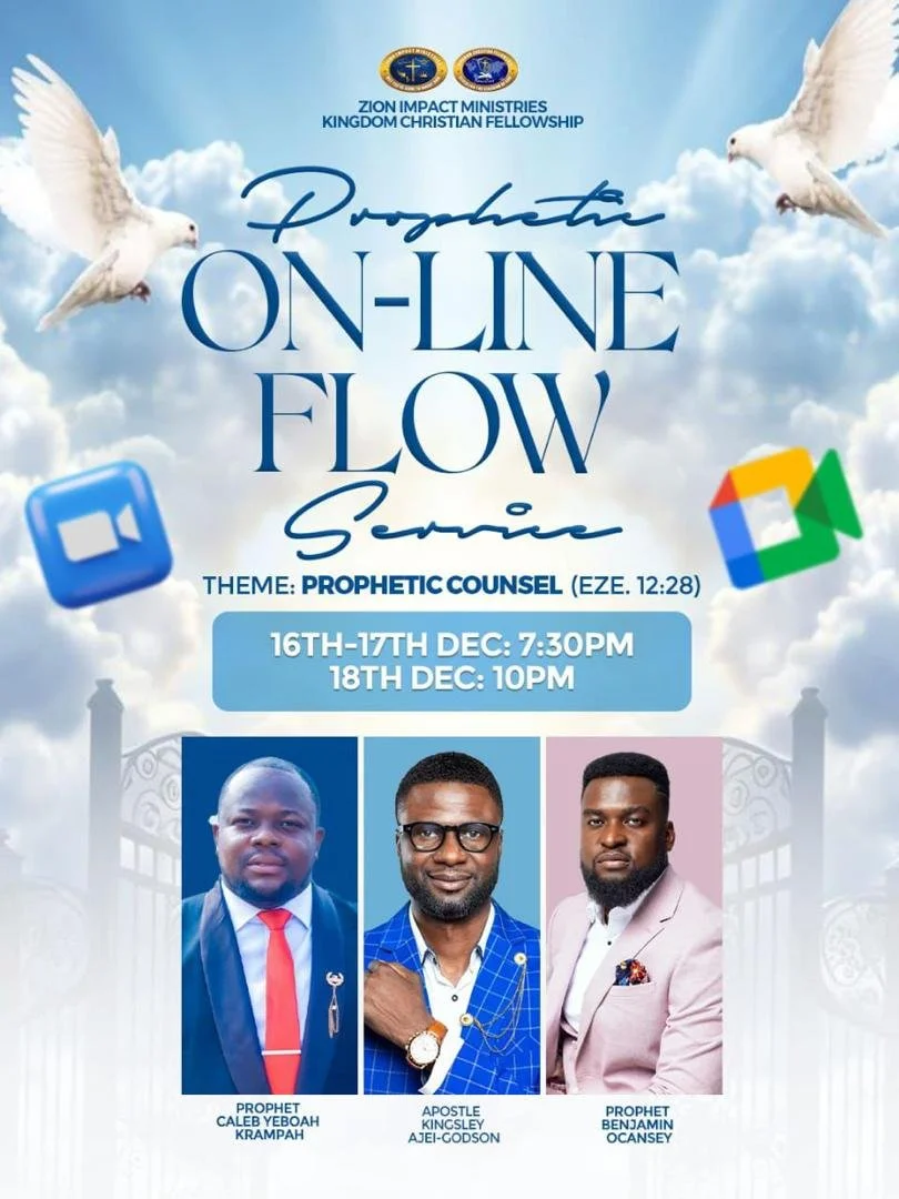 A promotional poster for an online Christian event titled "Prophetic Online Flow Series" organized by Zion Impact Ministries, Kingdom Christian Fellowship. The theme is "Prophetic Counsel" based on Ezekiel 12:28. The event will be held on December 16