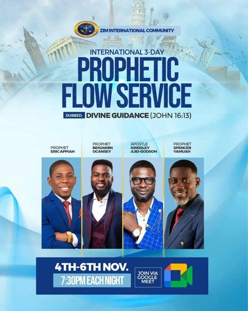 Poster for a Prophetic Flow Service hosted by Zim International Community. The event is scheduled for November 4th to 6th at 7:30 PM each night via Google Meet. The poster features images of four men: Prophet Eric Appiah, Prophet Benjamin Ocansey, Ap