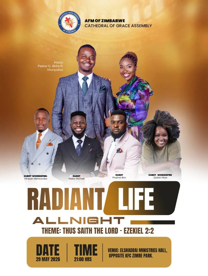 Group photo of six church leaders, including pastors and worship leaders, at the Cathedral of Grace Assembly under AFM of Zimbabwe, with a golden background.