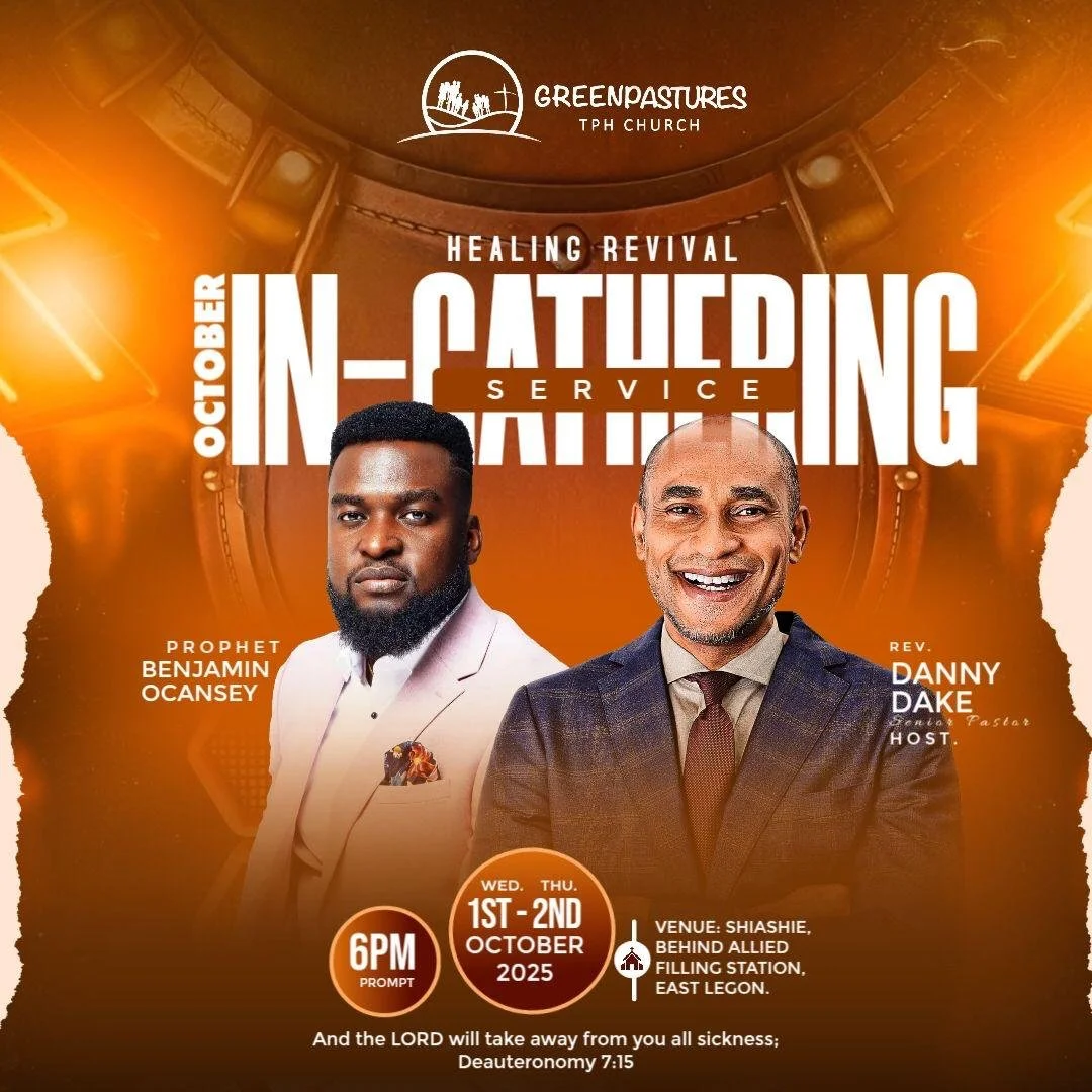 Event poster for Healing Revival In-Capturing Service at Greenpastures TPH Church on October 1st and 2nd, 2025, at 6 PM, featuring Prophet Benjamin Ocansey and Reverend Danny Dake, held at Shiahie behind Allied Filling Station, East Legon.