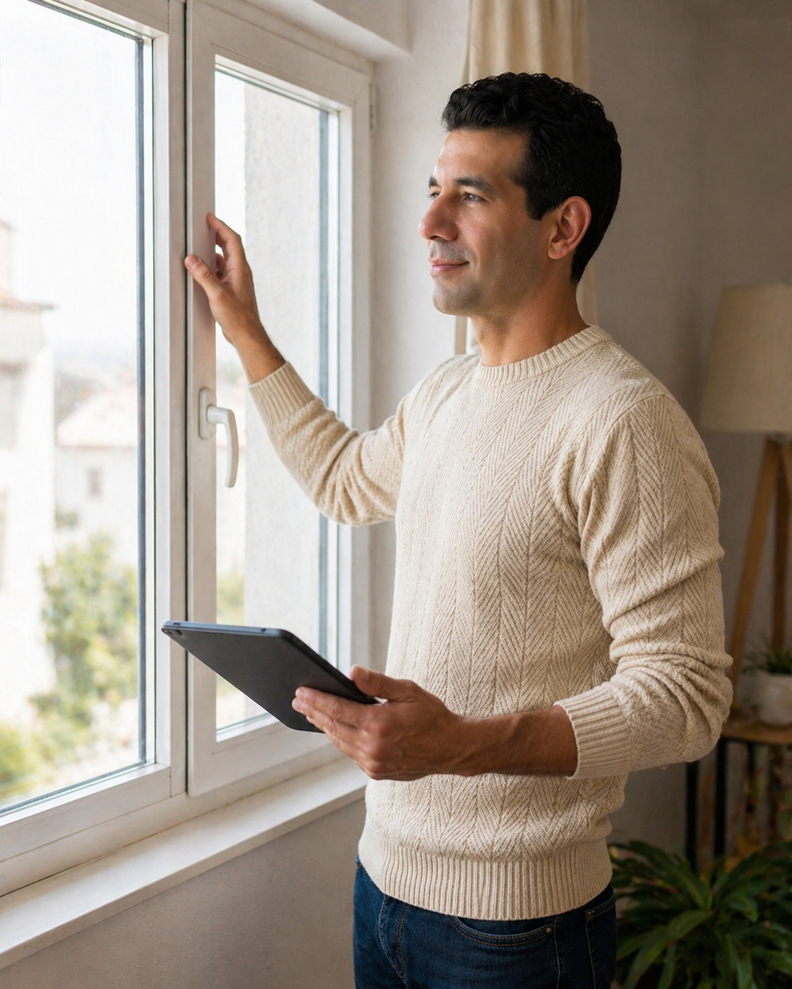 A man standing by a window, holding a tablet and adjusting the window handle.