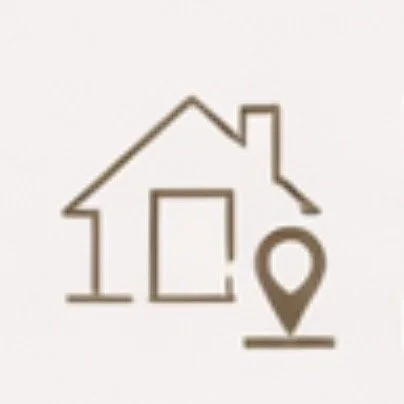 A simple outline of a house with a location pin icon beside it.