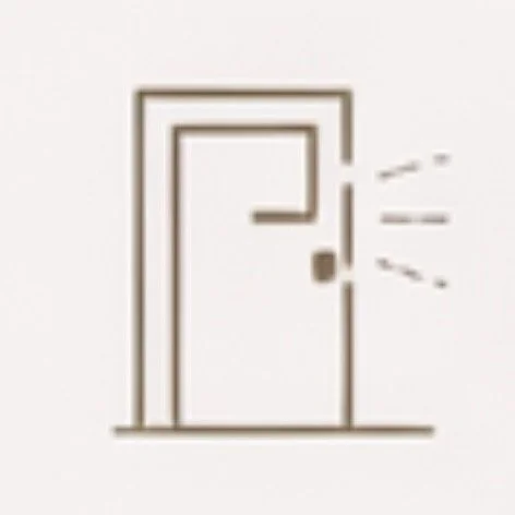 Minimalist line drawing of a door with a door handle and three small lines indicating movement or sound.