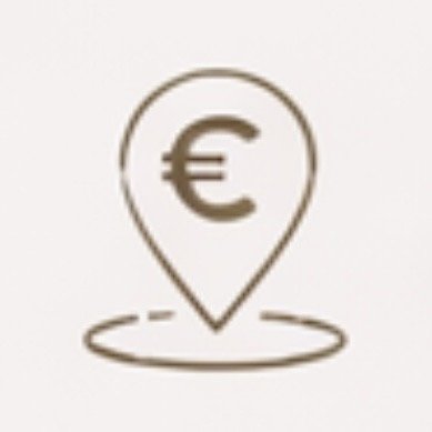 A location pin icon with a euro currency symbol inside, and a shadow underneath.