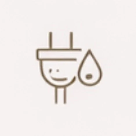 Icon of a happy electrical plug with a water droplet beside it.