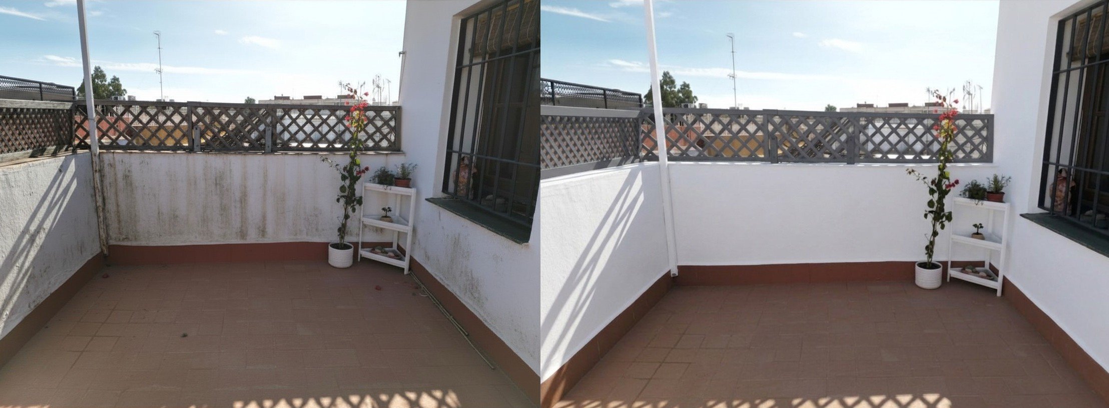 Side-by-side comparison of a balcony before and after cleaning. The left side shows a balcony with dirty, stained white walls, and the right side shows the same balcony after cleaning, with clean, white walls. The balcony has a potted plant and a small white stand with plants, and a wooden railing with a lattice design.