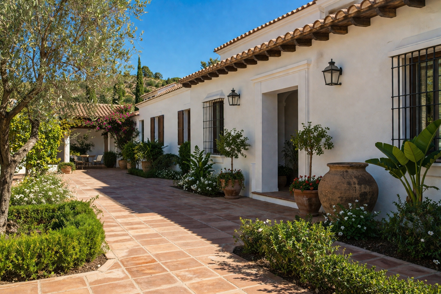 Spanish-style courtyard with white stucco house, terracotta roof tiles, potted plants, flowering bushes, and outdoor seating.