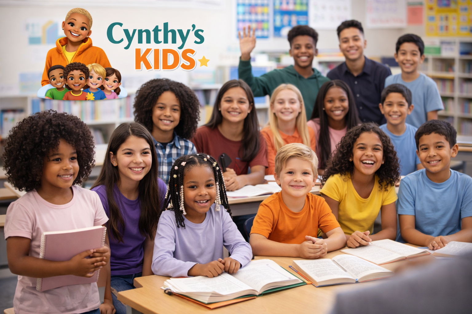 Diverse group of smiling students sitting together in a classroom, with the Cynthy's Kids, Inc. logo overlay, representing the nonprofit's commitment to education and community.