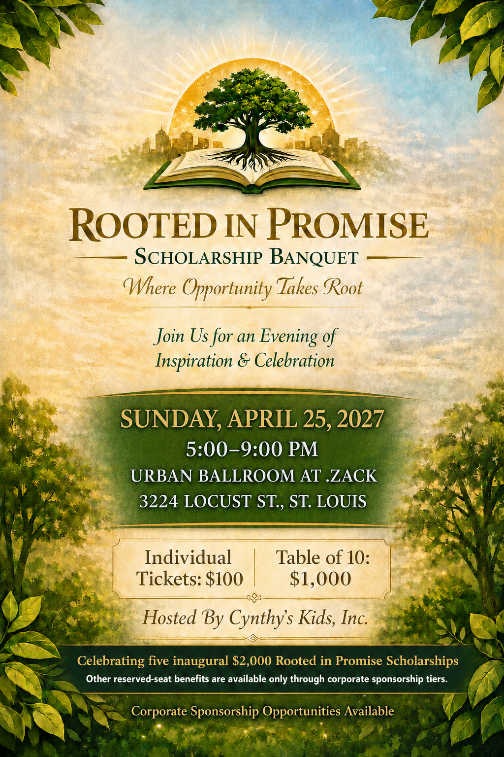 Rooted in Promise Scholarship Banquet flyer — Sunday, April 25, 2027, 5 to 9 PM, Urban Ballroom at .ZACK, 3224 Locust St., St. Louis. Individual tickets $100, table of 10 for $1,000.