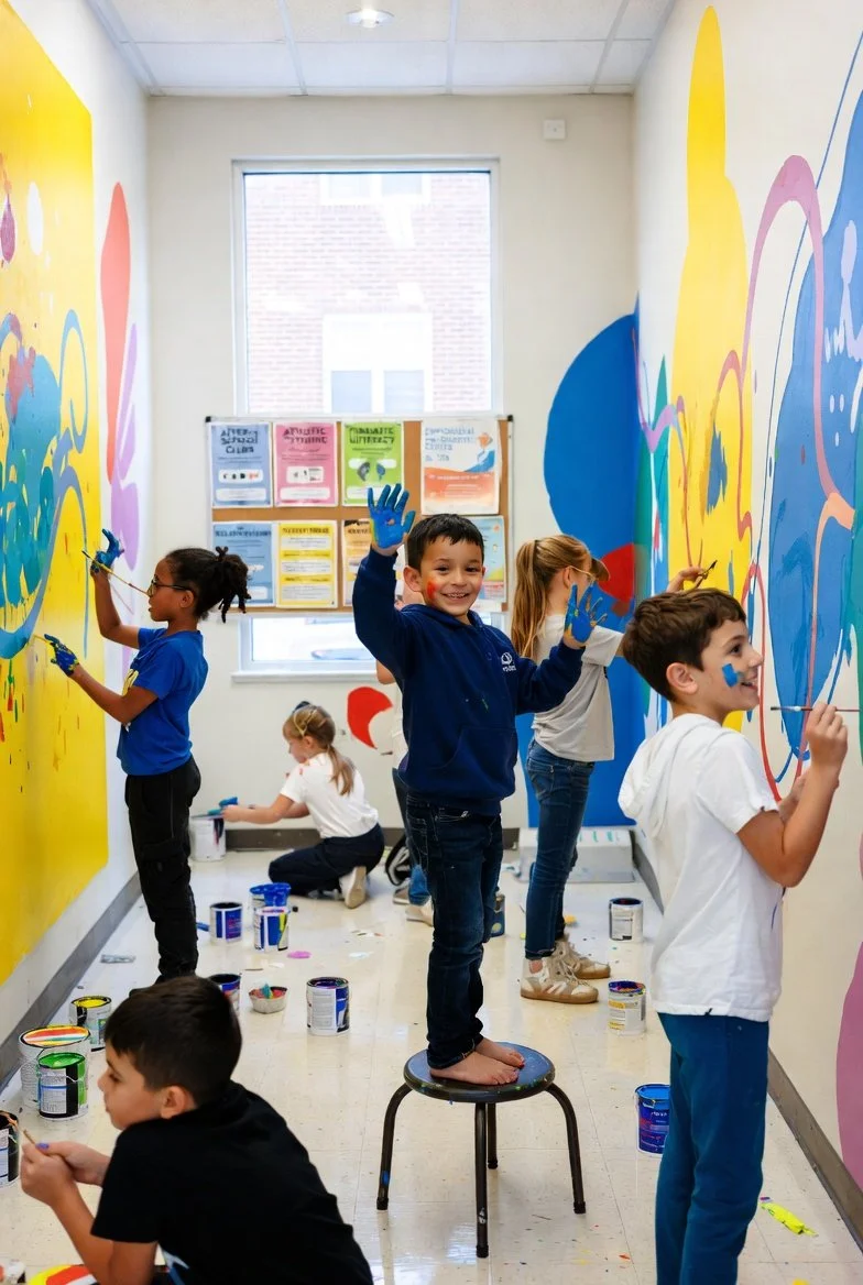 Young students painting a colorful mural together in a classroom, representing creativity, community, and the hands-on spirit of Cynthy's Kids, Inc.'s commitment to empowering the next generation.