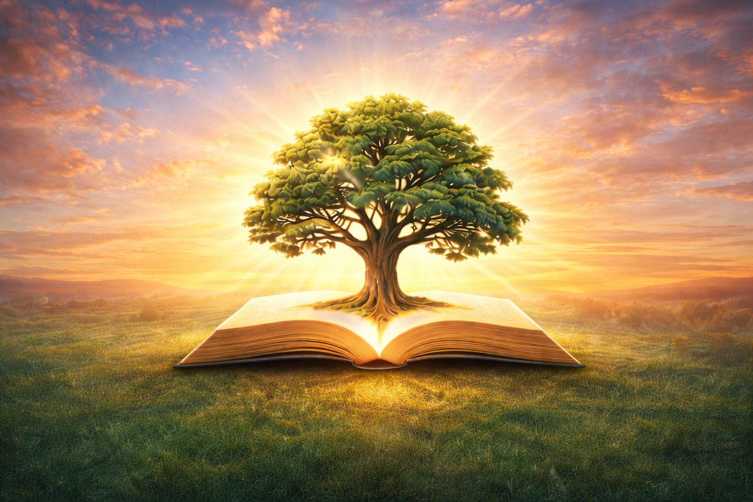A majestic tree growing from the pages of an open book, glowing with golden light at sunrise, symbolizing the Rooted in Promise Scholarship Banquet and Cynthy's Kids, Inc.'s mission of knowledge, growth, and generational impact.