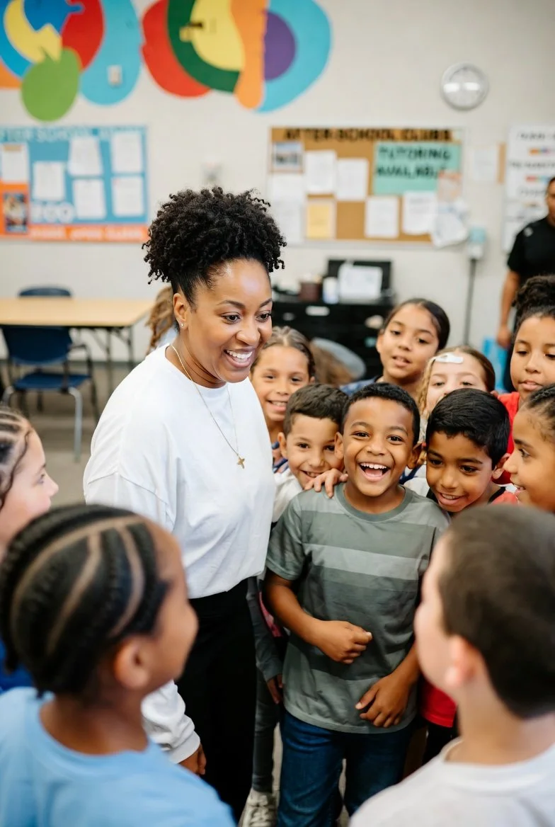 A smiling woman surrounded by a group of joyful, diverse young students in a classroom, representing the heart of Cynthy's Kids, Inc. — community, education, and the legacy of Cynthia Elaine Davenport.