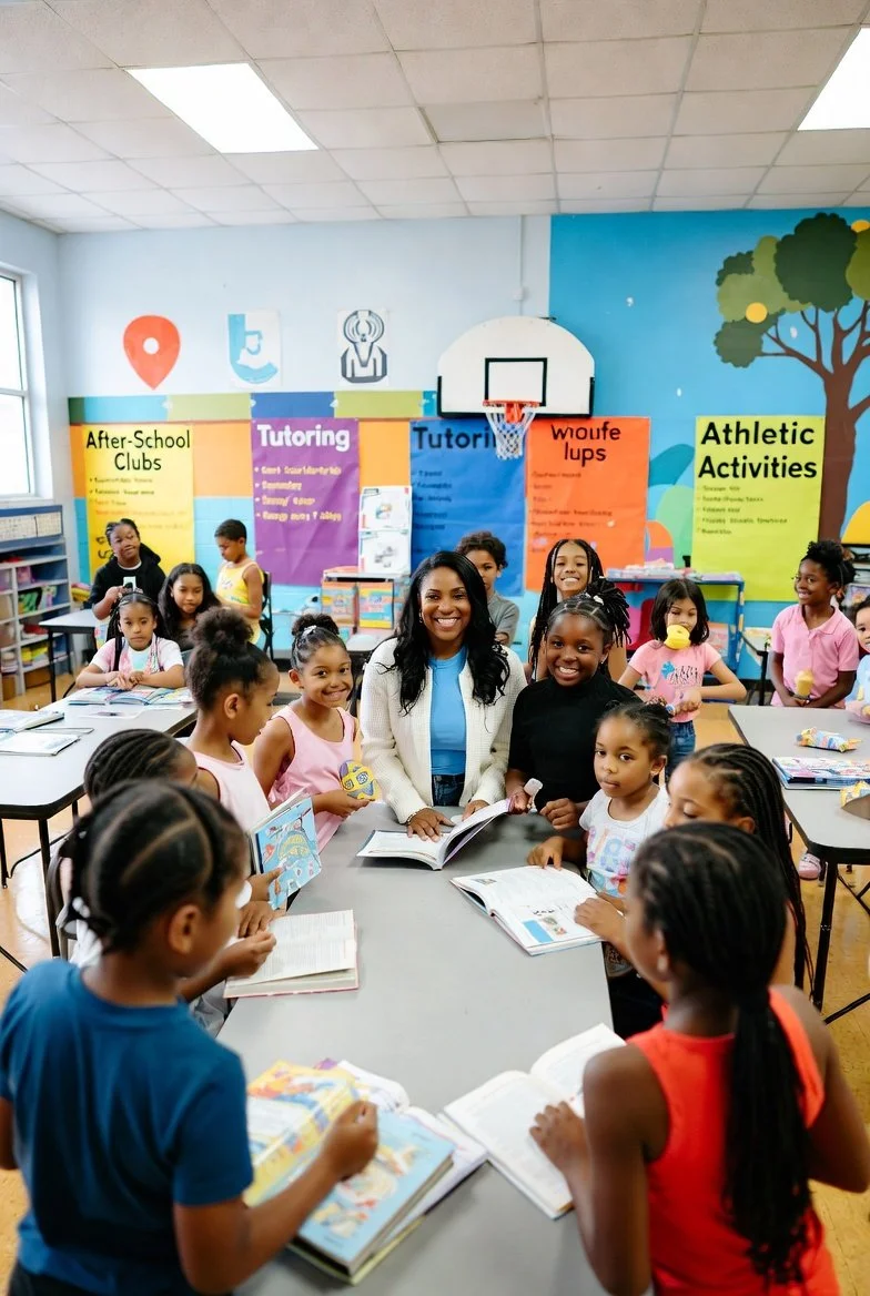 A teacher smiling warmly with a group of young students seated at tables in a colorful classroom with After-School Clubs and Tutoring banners, representing Cynthy's Kids, Inc.'s future programming vision.