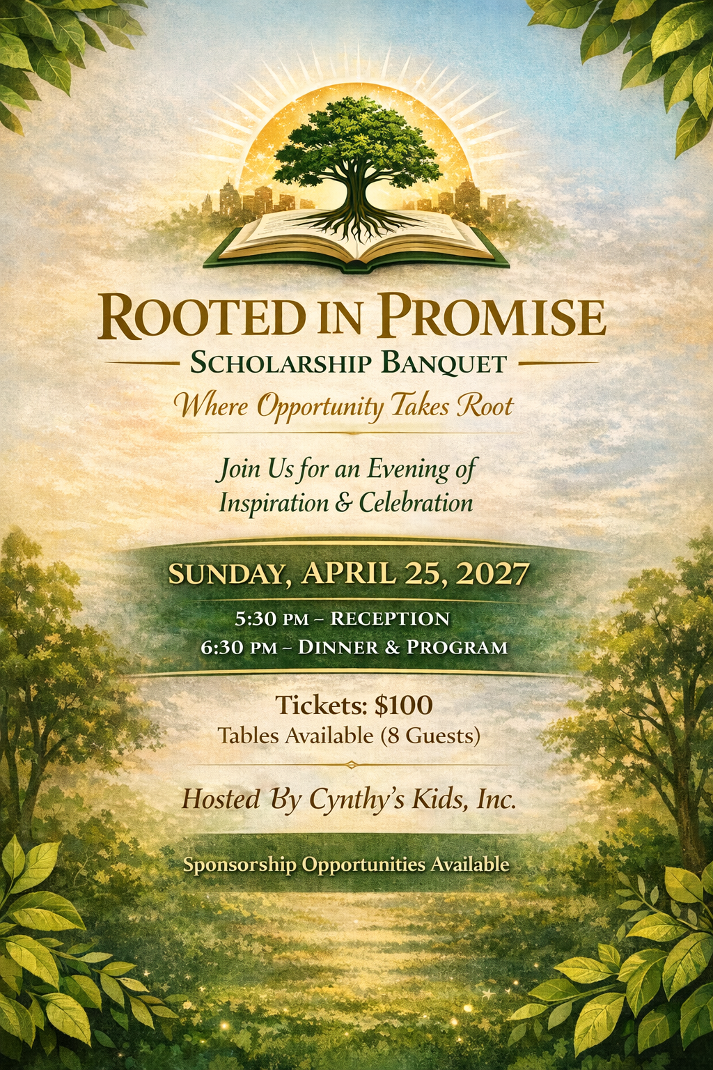 Rooted in Promise Scholarship Banquet flyer for Cynthy's Kids, Inc. featuring a tree growing from an open book, with event details: Sunday, April 25, 2027, 5:30pm Reception, 6:30pm Dinner and Program, with the tagline "Where Opportunity Takes Root."
