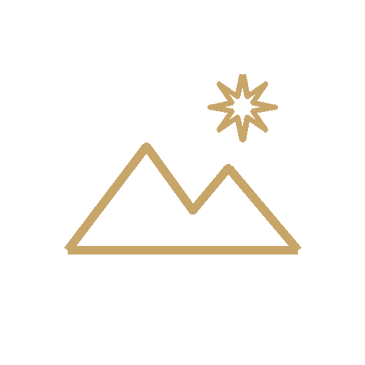 Minimalist line drawing of mountains and a star or sun above them, in gold color on a black background.