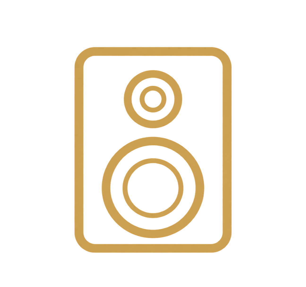 A bright yellow speaker with rounded edges, featuring one small circle speaker at the top and one large circle speaker at the bottom, surrounded by a gold border.