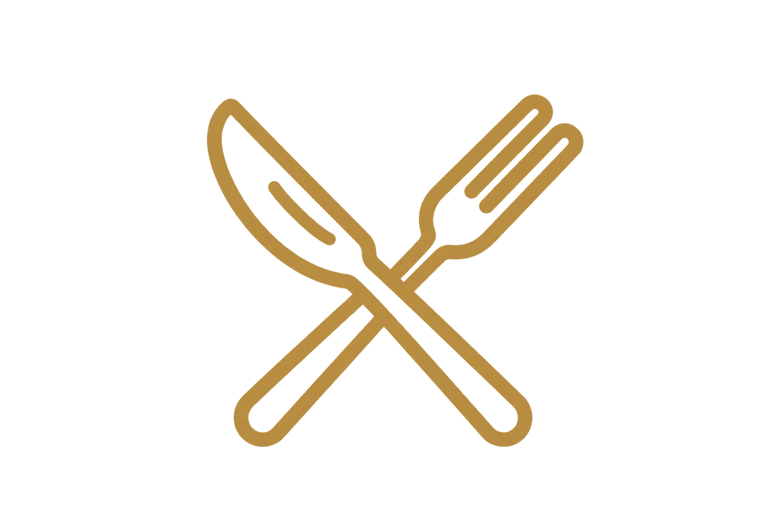 Gold outline of a fork and knife crossed over each other on a black background.