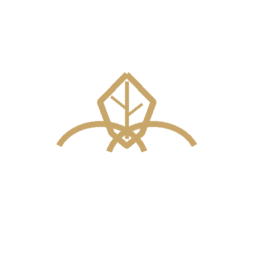A minimalist logo with a stylized leaf design and geometric lines in gold on a black background.