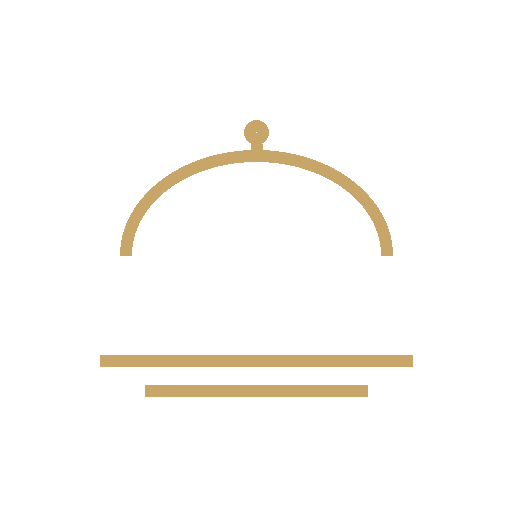 A minimalist line drawing of a cloche, a serving dome typically used to cover food, with a handle on top and a horizontal base.