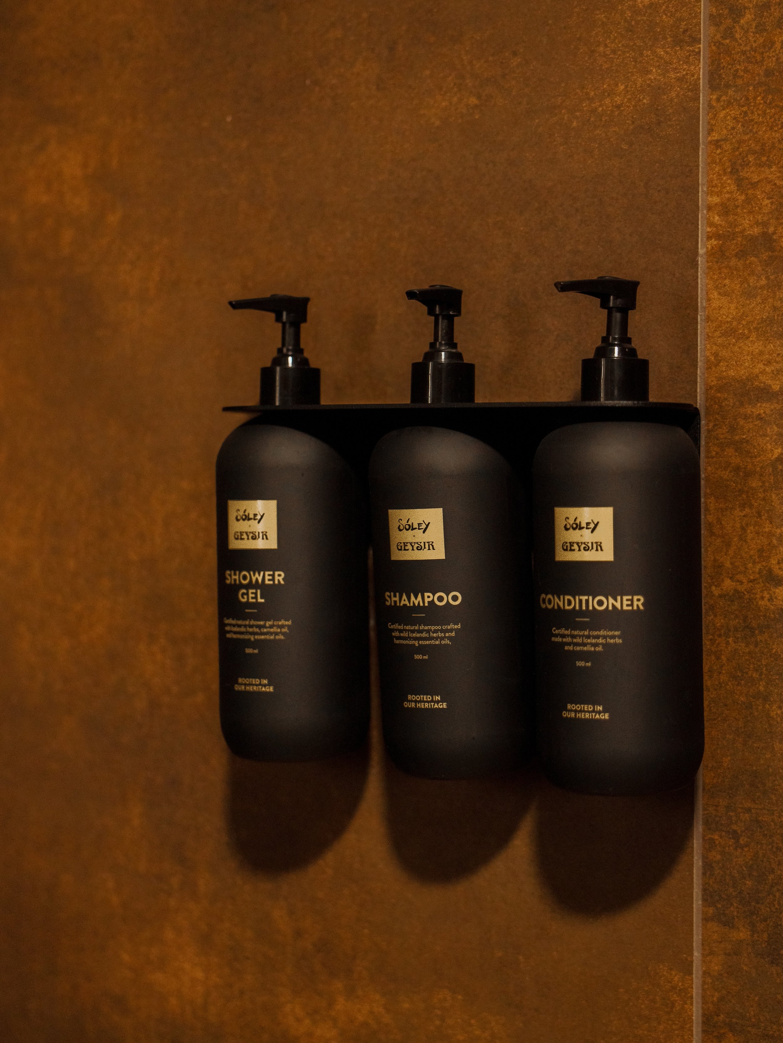 Three black bottles labeled 'Shower Gel,' 'Shampoo,' and 'Conditioner' on a brown background, with a black tray holding the bottles.