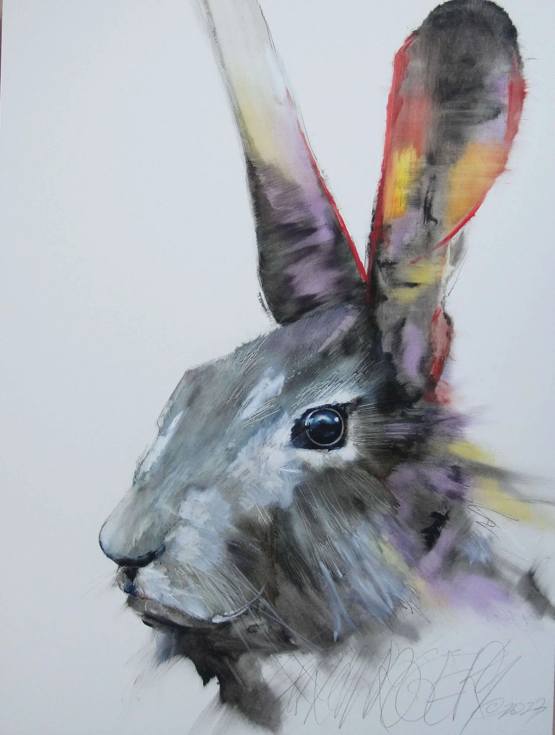 Watercolor painting of a big rabbit, called GO ASK ALICE.  Available on canvas and paper.