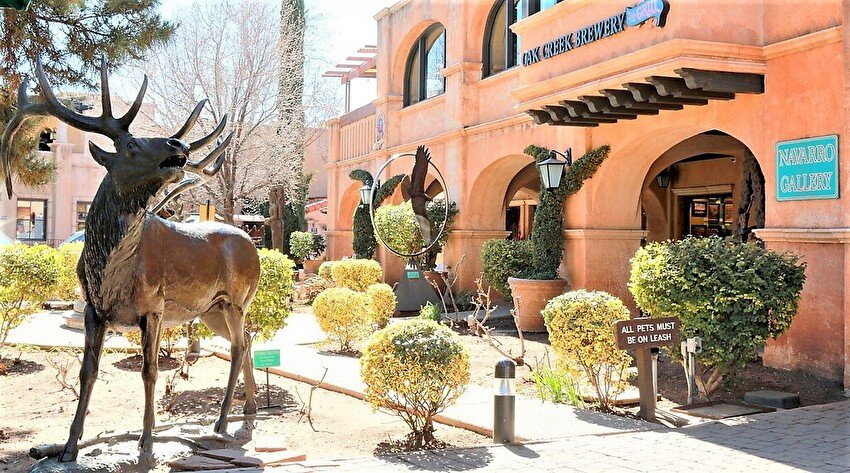 Outdoor scene featuring a large bronze statue of an elk in a sculpture garden  sin front of a building with a sign forNavarro Gallery.