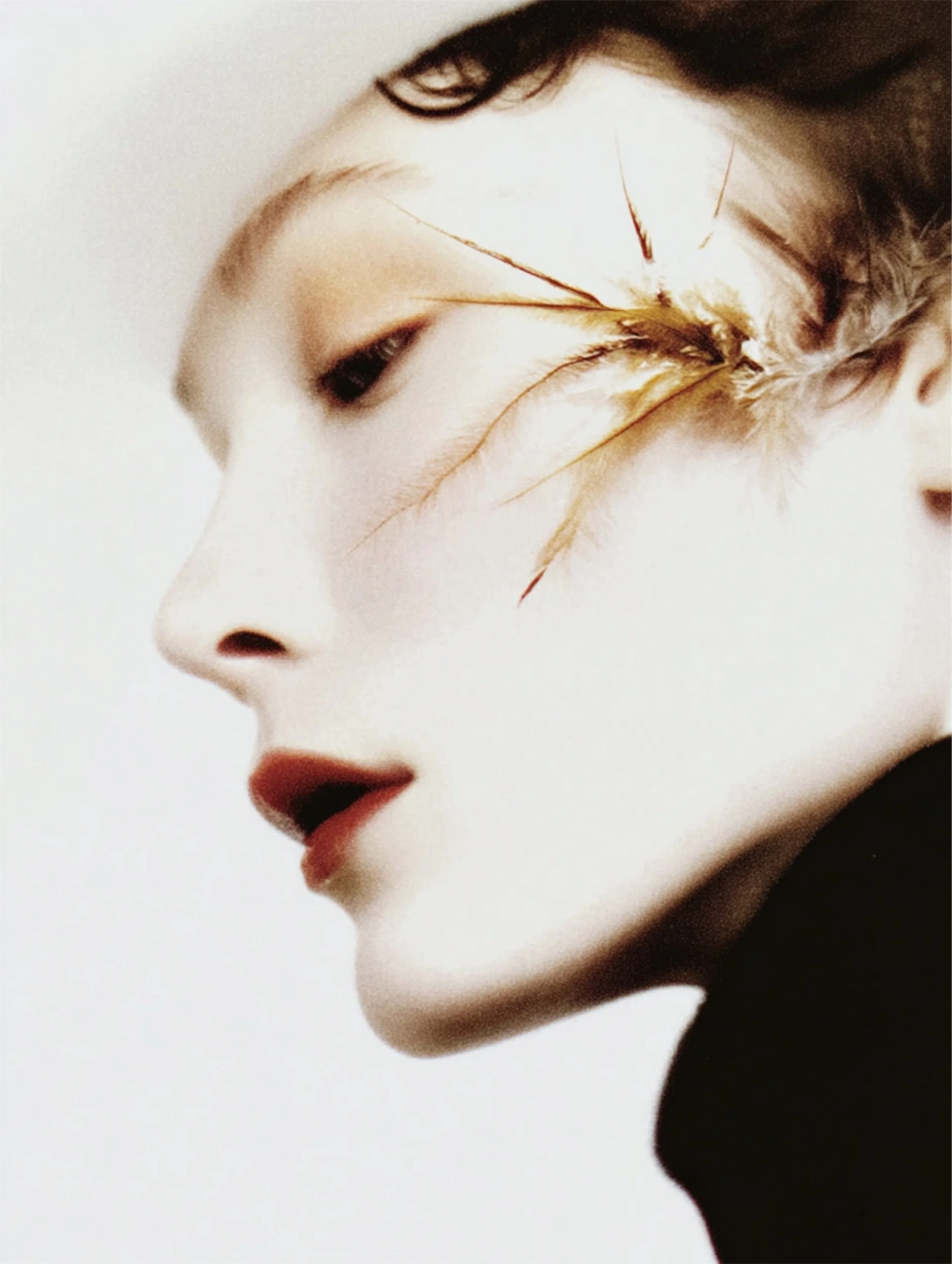 Close-up of a woman's face in profile, with closed eyes, red lipstick, and a feather resting on her temple.