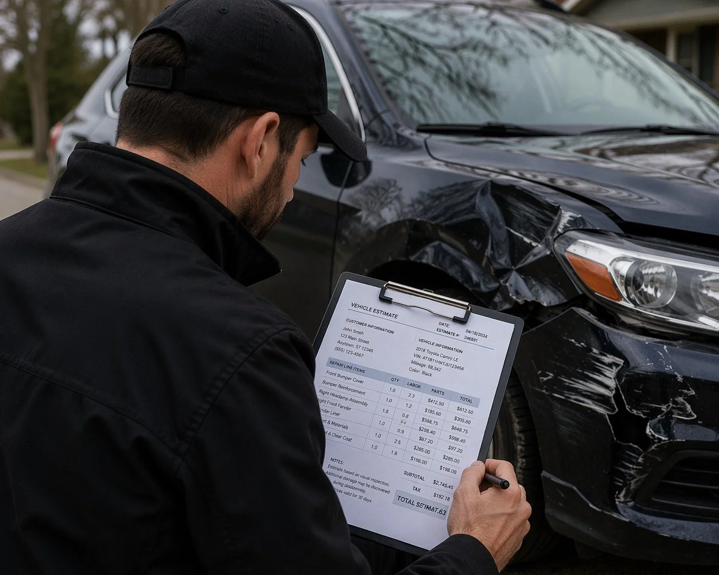 A man with a black cap and jacket is examining an estimate sheet in front of a black car with front-end damage in a residential neighborhood.