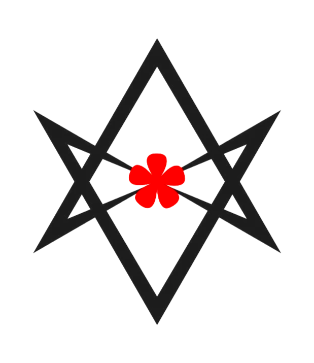 A black geometric design composed of intersecting lines and diamond shapes with a red, stylized four-leaf clover in the center.