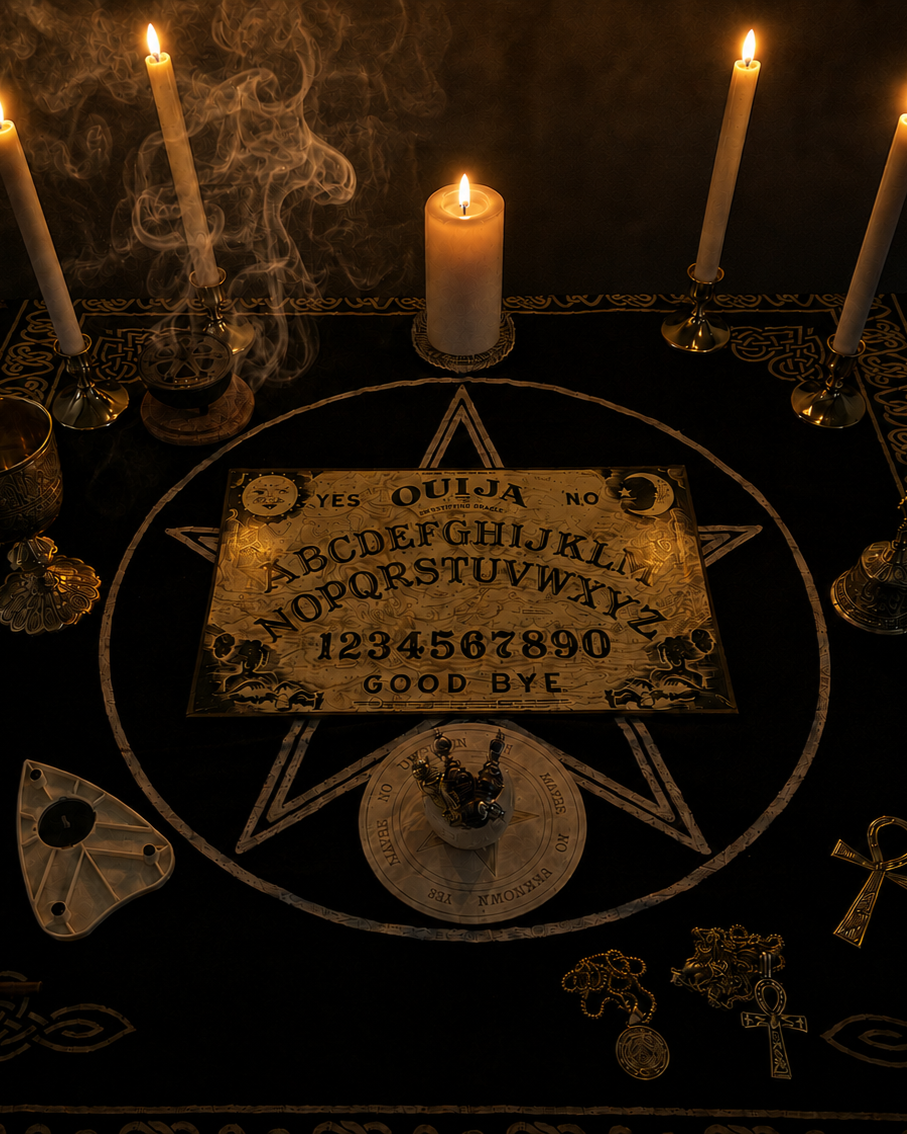A black table with a pentagram and Ouija board at the center, surrounded by lit candles, a smoking incense holder, and various occult items.