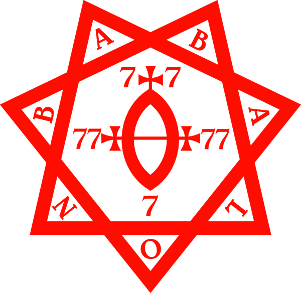 Red occult symbol with a 7-pointed star, various occult symbols and the letters B, A, B, A, L, O, N, and the number 7.