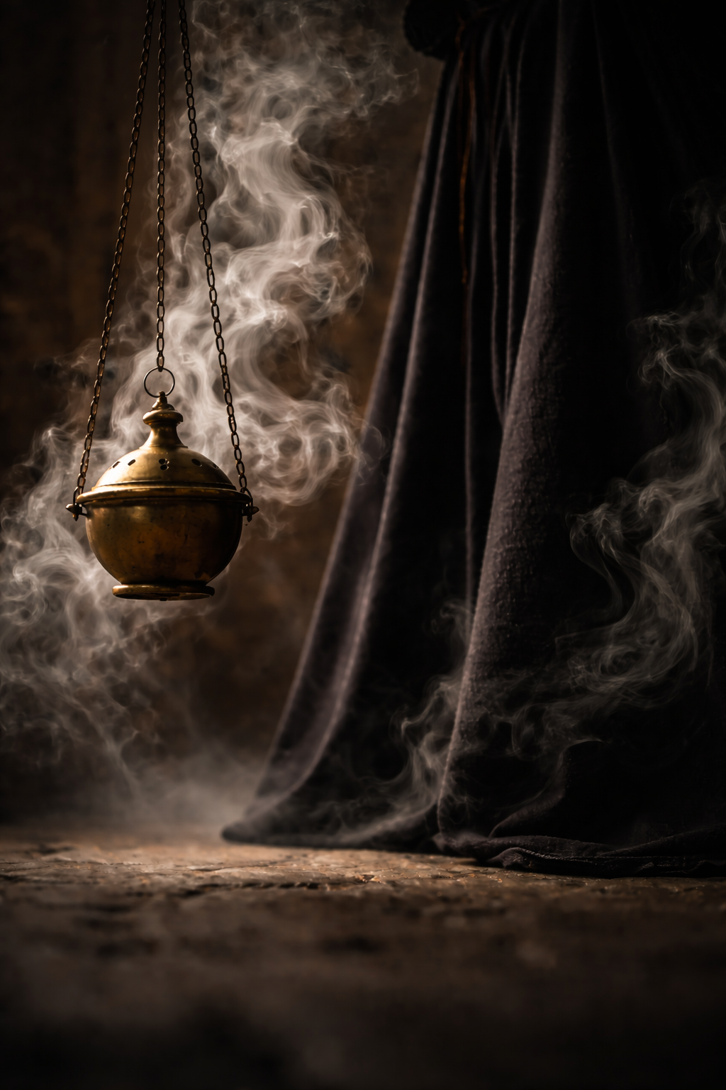 A brass censer hanging by chains releases smoke, with a dark cloth and a textured surface in the background.