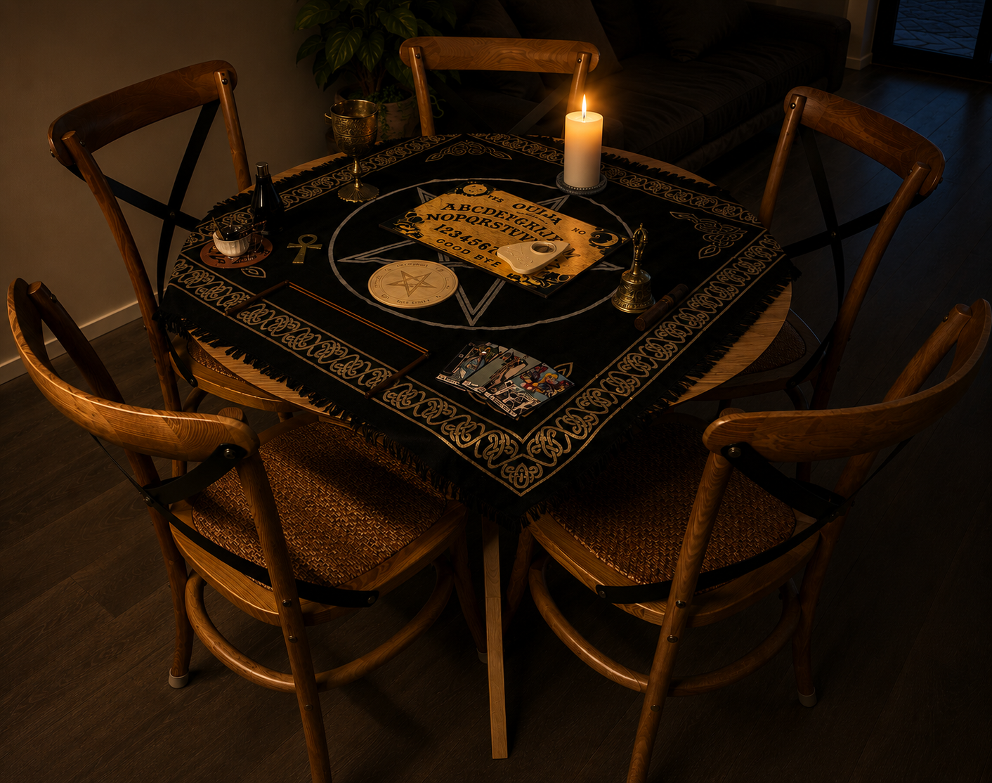 A round wooden dining table with a black cloth featuring occult symbols, surrounded by six wooden chairs. The table has tarot cards, a large white candle, a gold chalice, a small glass container, a brass bell, and a Ouija board. There is a pentagram symbol drawn on the tablecloth underneath the items. The setting appears to be dimly lit, creating a mysterious or spiritual ambiance.