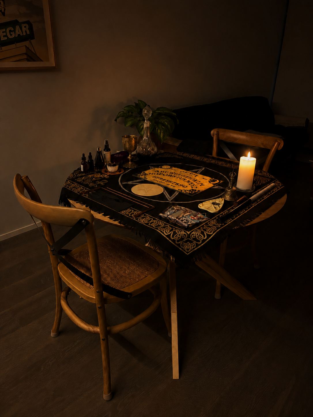 Dimly lit room with a wooden table covered with a black Ouija board-themed cloth, a lit candle, various bottles, and decorative items. Two wooden chairs surround the table, one on each side. The background features a dark couch, a potted plant, and a wall hanging.