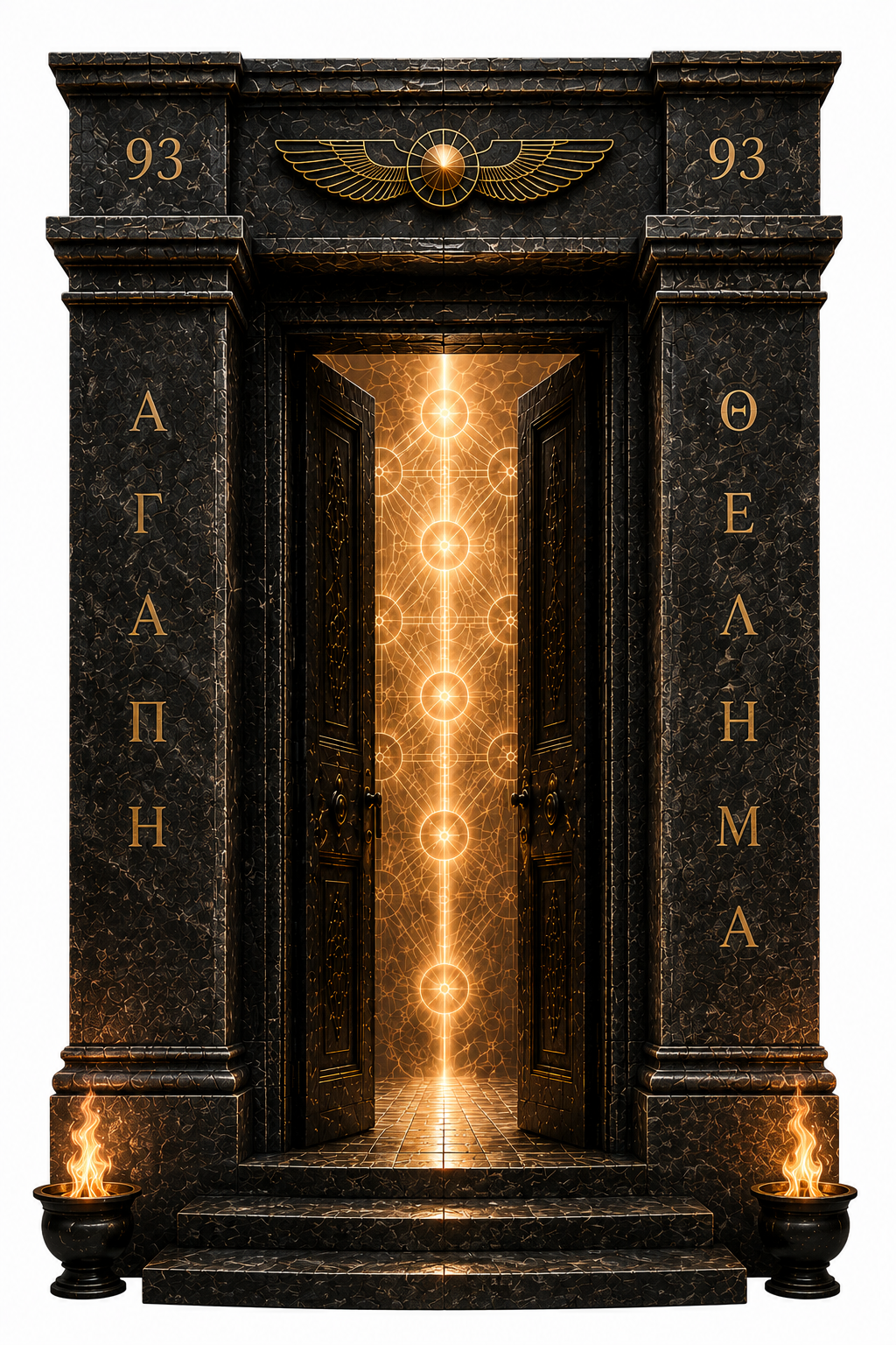 A black stone doorway with golden inscriptions and symbols, glowing with fiery light symbols and flames at the steps and pots, suggesting a mystical or sacred portal.