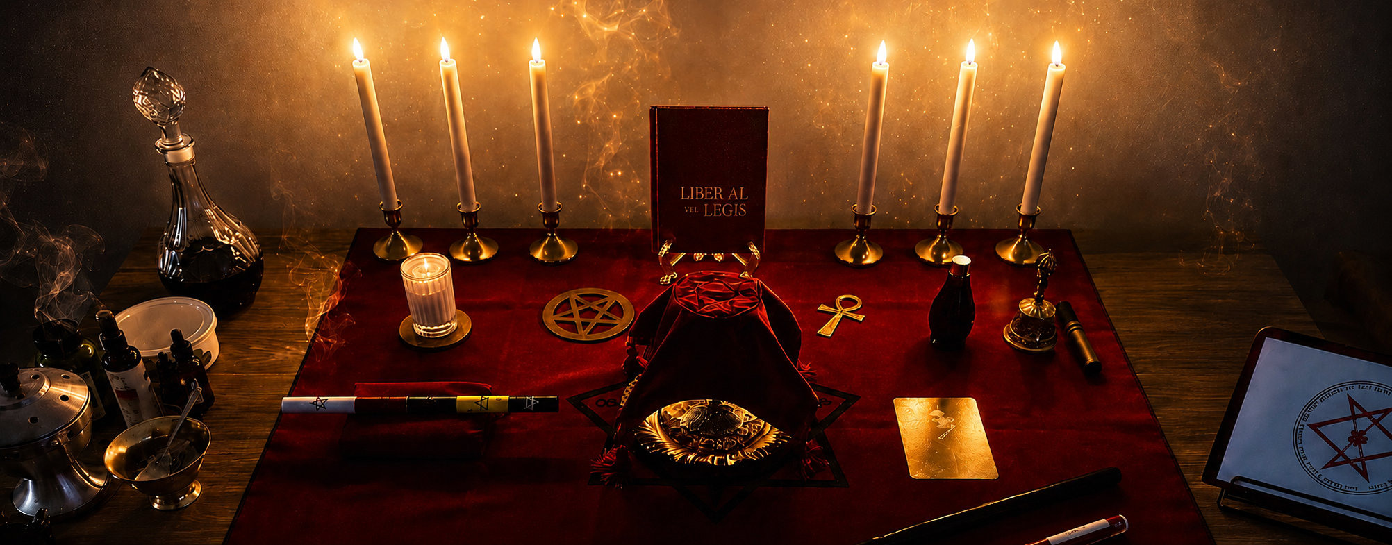 A ritual table with candles, mystical symbols, and occult items, illuminated by warm candlelight.