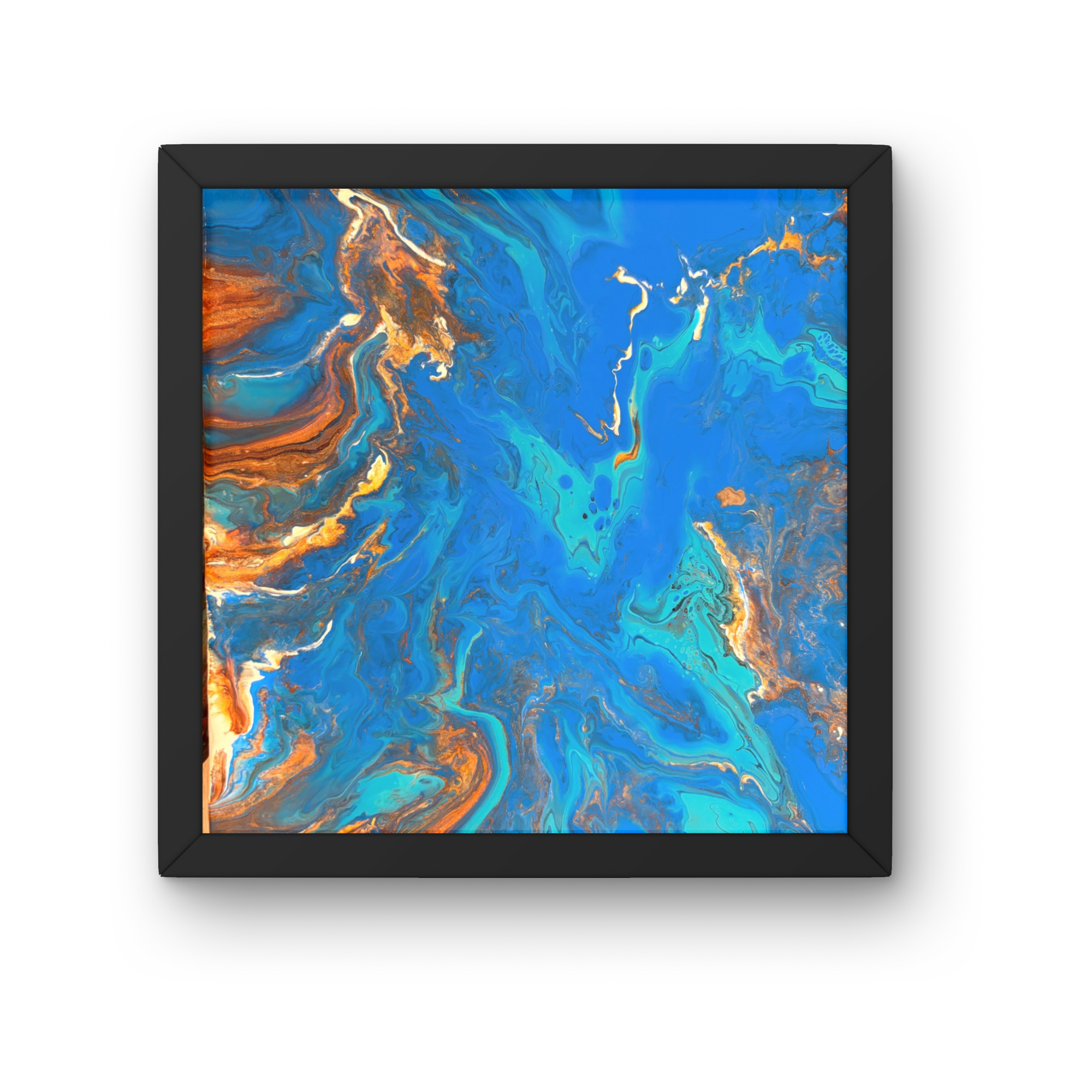 THE SOURCE
Size: 10x10 | Medium: Acrylic pour | Technique: Tilt | Price: $95
Before the river, before the delta, before the sea — there is the source. Cobalt and copper meet here the way water meets earth at the beginning of things. This one arrived 