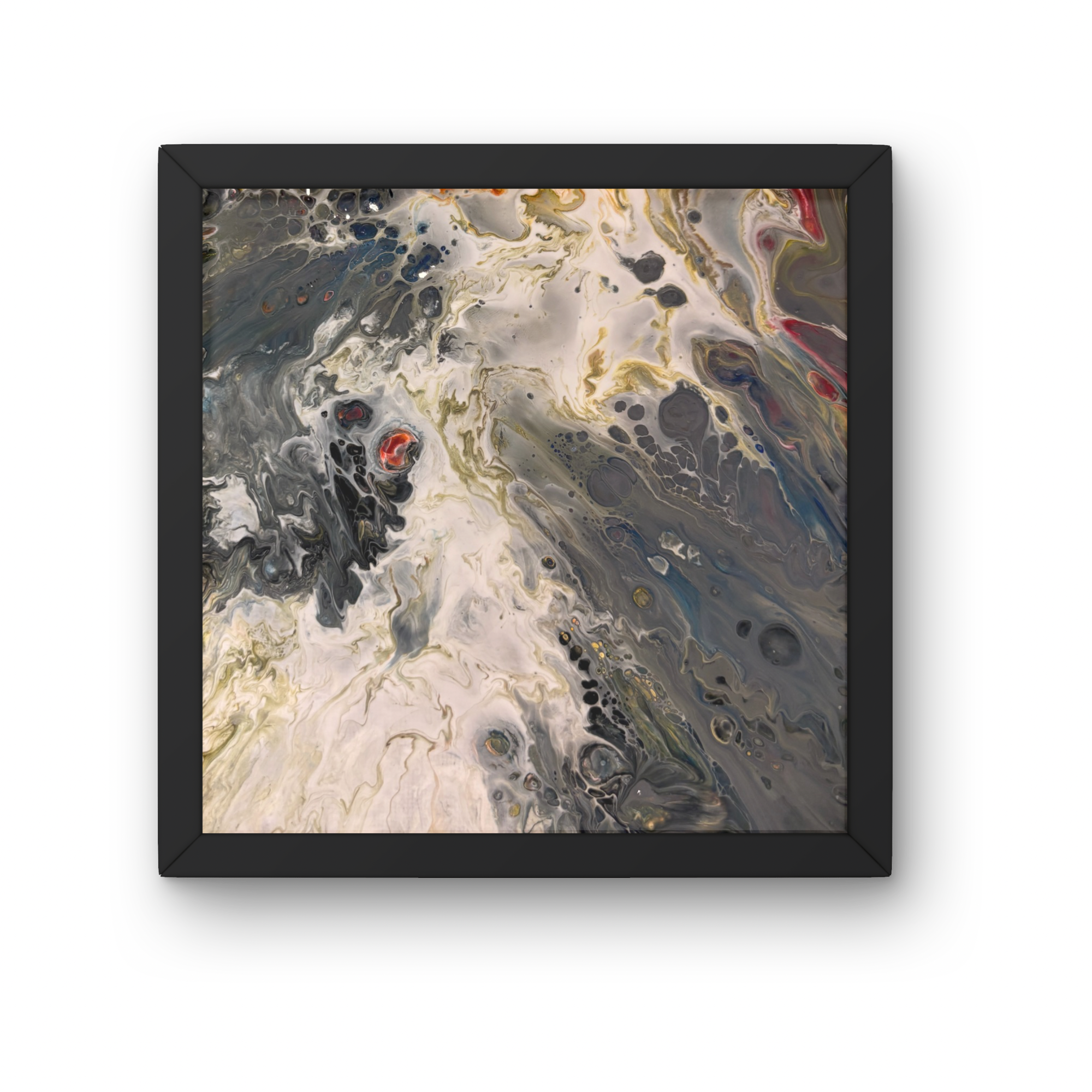 THE UNNAMED
Size: 10x10 | Medium: Acrylic pour | Technique: Tilt | Price: $80
The Tao Te Ching opens with this: the Tao that can be named is not the eternal Tao. This piece resists naming. Gray moves through white moves through black, and then withou