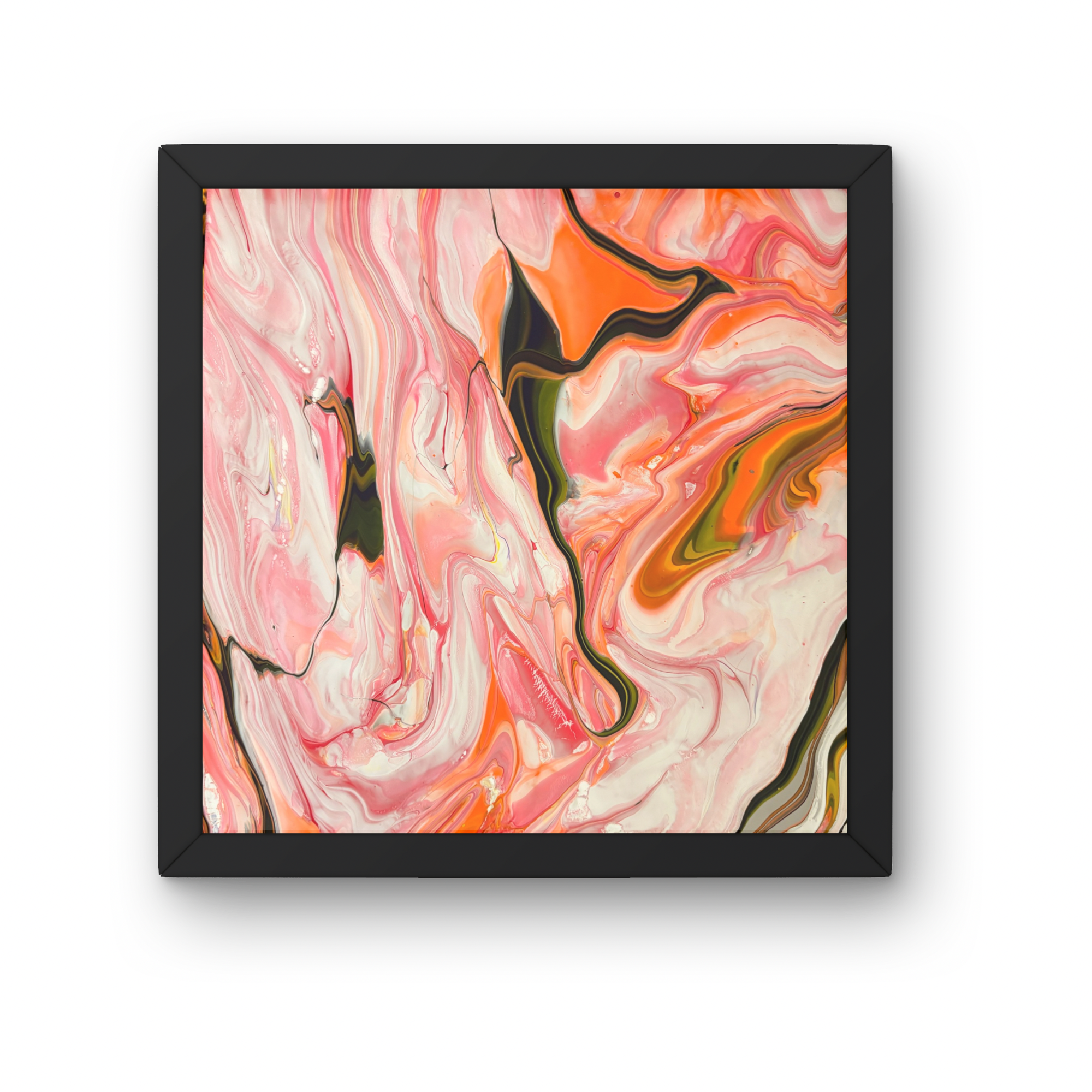 CANYON AT DUSK
Size: 10x10 | Medium: Acrylic pour | Technique: Tilt | Price: $75
The last light finds the canyon walls before dark takes them. Pink and orange hold the warmth of the day while black threads through like shadow falling into stone. The 