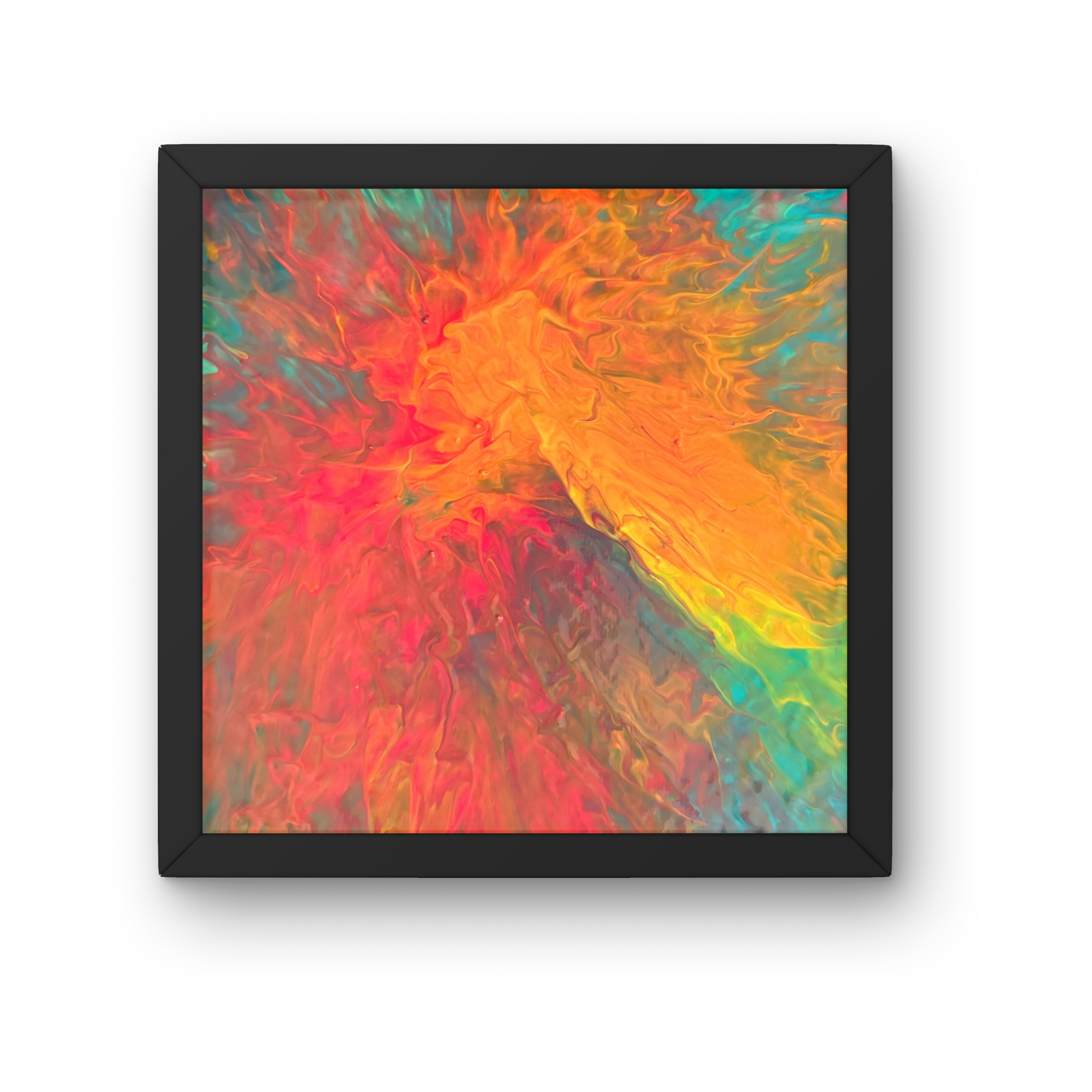 IGNITION
Size: 10x10 | Medium: Acrylic pour | Technique: Hair dryer | Price: $90
Fire is the most yang of elements. It ascends, transforms, and does not ask permission. This piece began at center and refused to stay there — red and orange pushing out