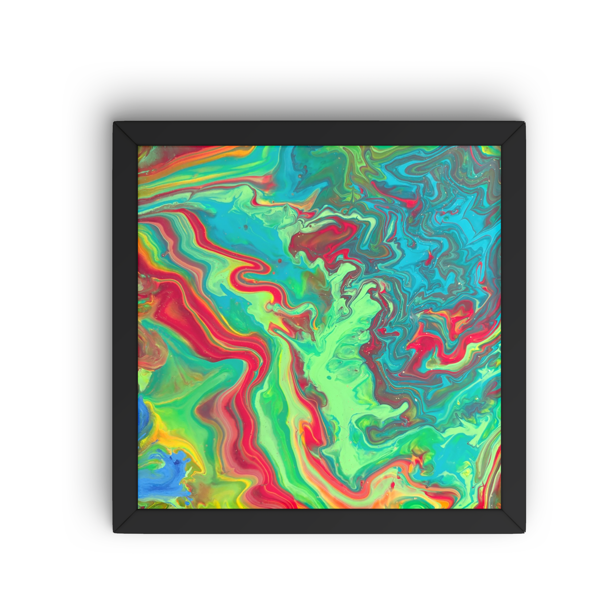 TEEMING
Size: 10x10 | Medium: Acrylic pour | Technique: Tilt | Price: $80
The Tao never runs out. It generates without effort, produces without plan, and returns to itself without loss. This piece has that quality — red threading through green and te
