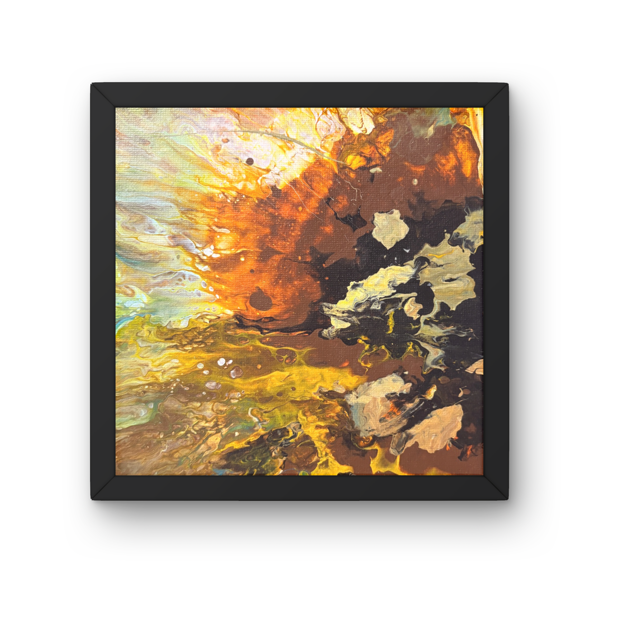 TEN THOUSAND SUNS
Size: 10x10 | Medium: Acrylic pour | Technique: Ring pour and hair dryer | Price: $95
In the beginning there is only fire. The Tao Te Ching speaks of ten thousand things emerging from the One — this is that moment, before the coolin