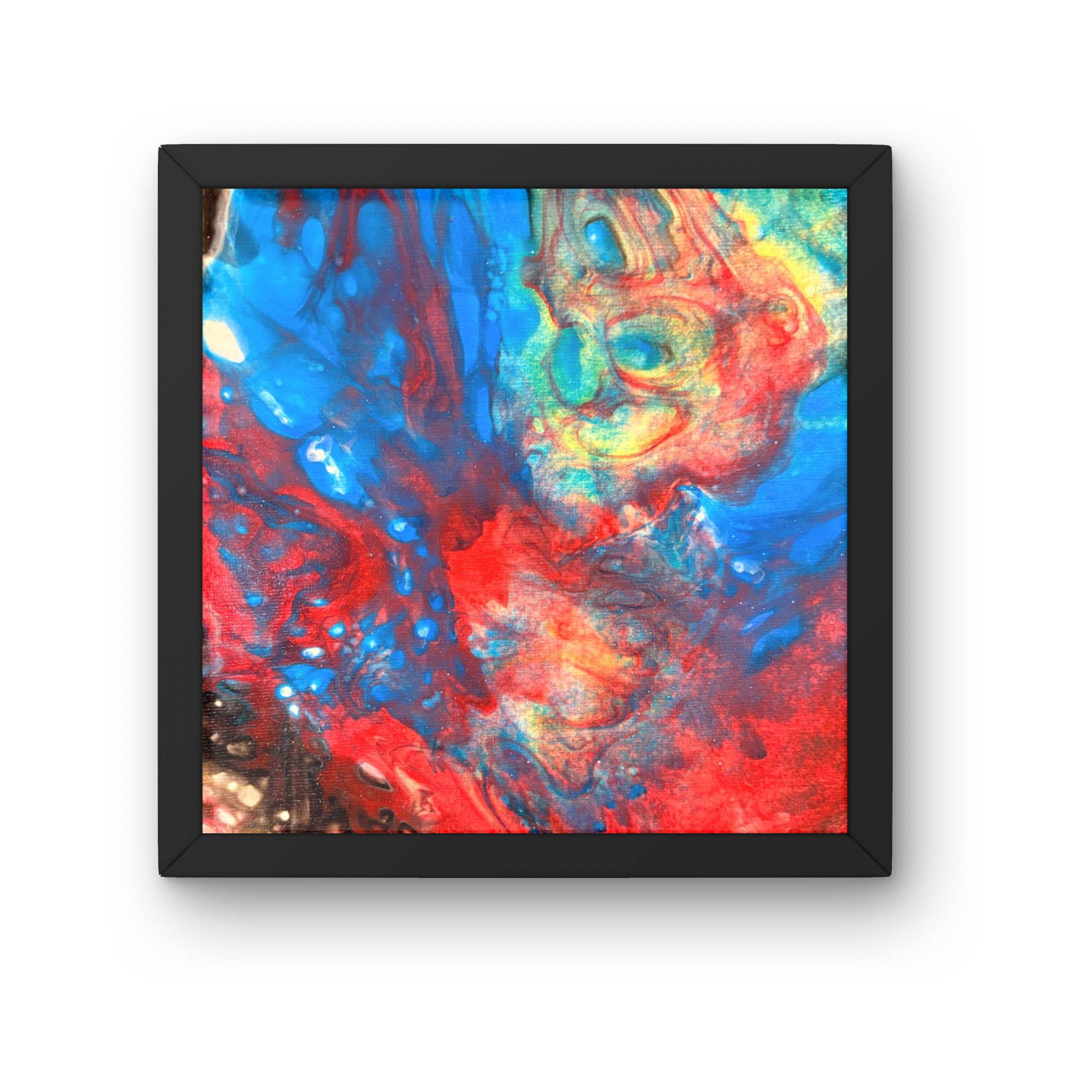 UNSETTLED
Size: 10x10 | Medium: Acrylic pour | Technique: Dirty pour and hair dryer | Price: $70
The Tao does not ask us to find peace by avoiding turbulence. It asks us to move through it without resistance. This was an early piece — red and blue in
