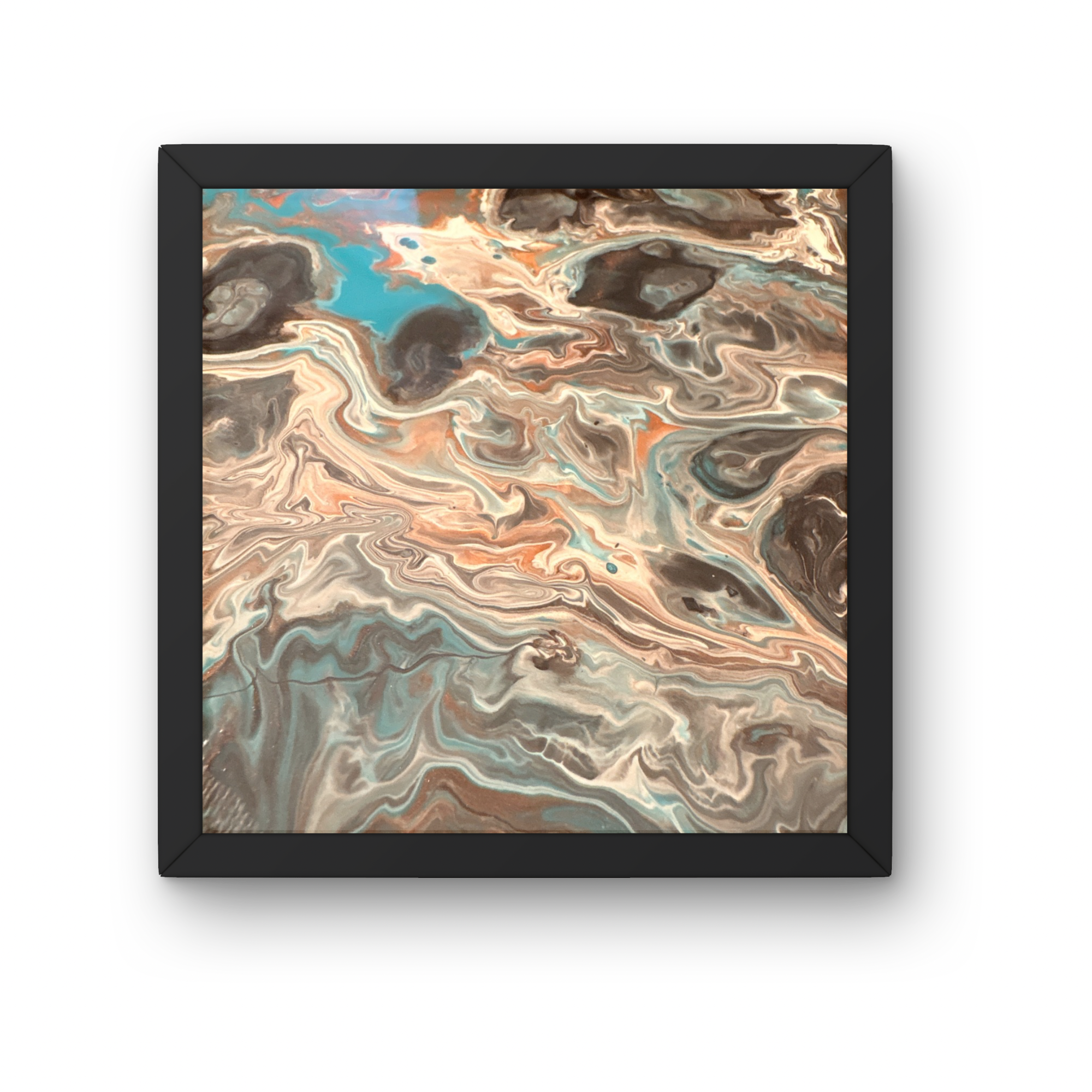 YIN POOLS
Size: 10x10 | Medium: Acrylic pour | Technique: Tilt | Price: $75
Yin is the shaded side of the mountain. Still, cool, receptive, heavy with its own kind of knowing. The dark pools in this piece hold their ground while teal and copper move 