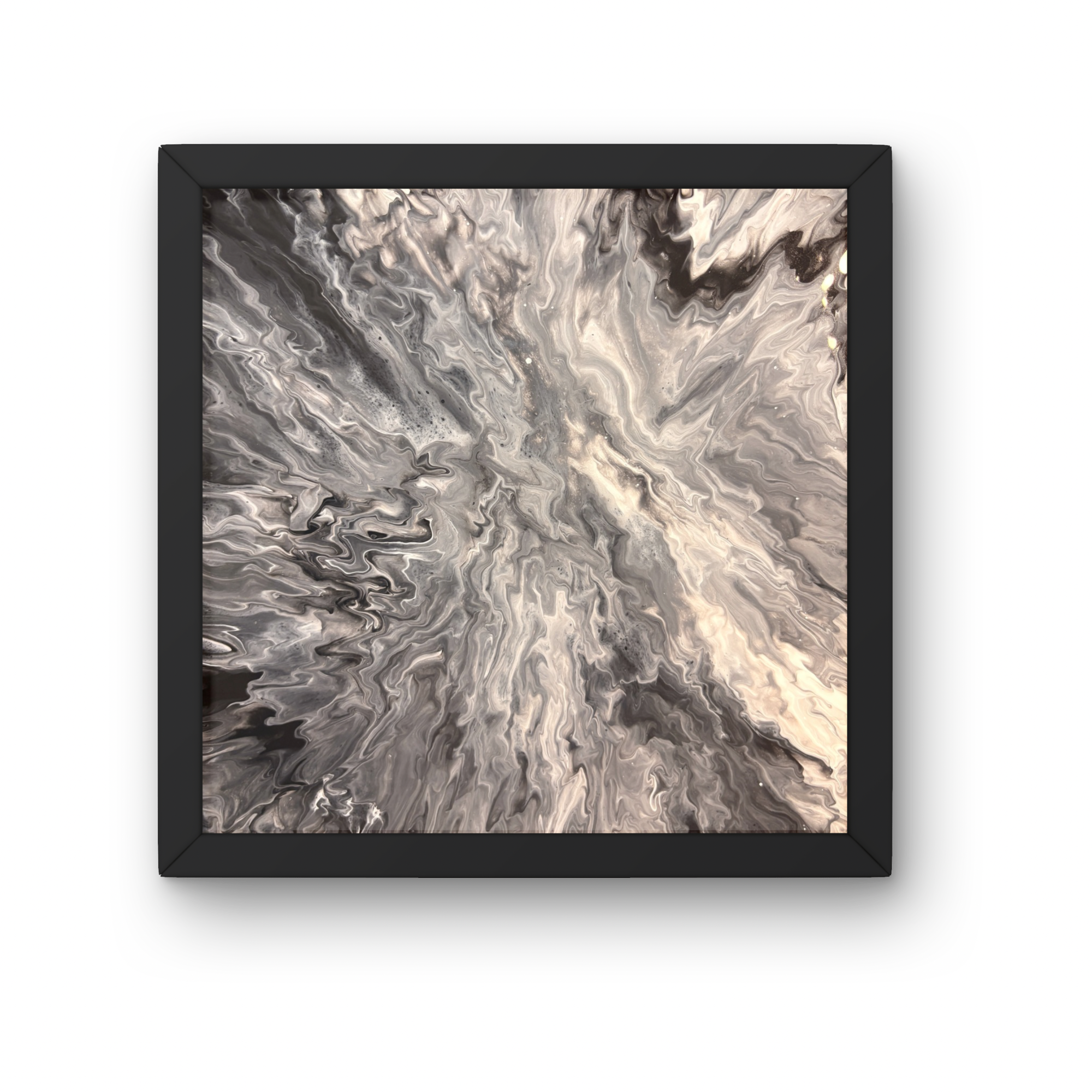 WU JI
Size: 10x10 | Medium: Acrylic pour | Technique: Hair dryer | Price: $90
I set out to paint yin and yang. The paint had other ideas. Black and white moved toward each other and kept moving until the boundary between them dissolved. What remained