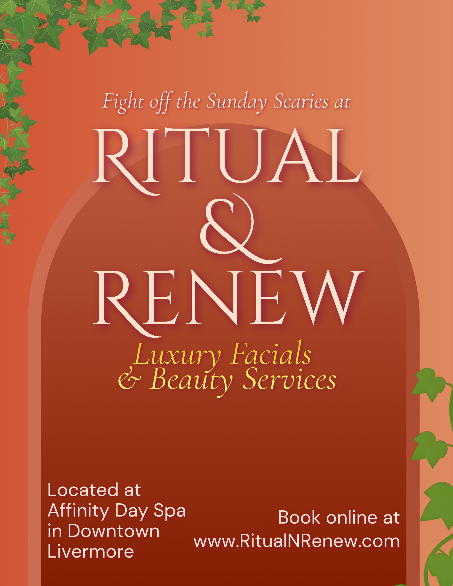 A promotional poster for a skincare and beauty service called Ritual & Renew, featuring an earthy color palette with green ivy accents and text about luxury facials and beauty services.