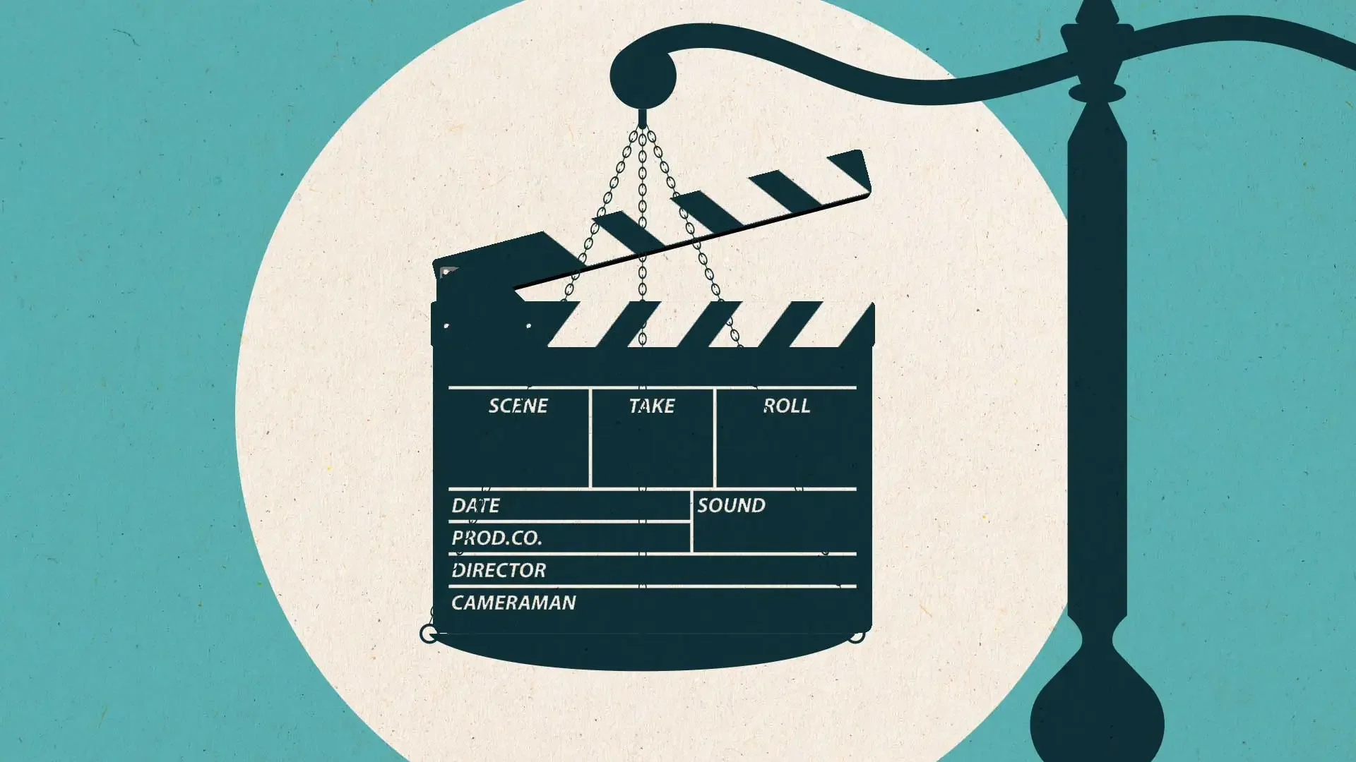 Illustration of a film director's clapboard hanging from a film reel on a dark blue film clapper, with a teal background and white spotlight.