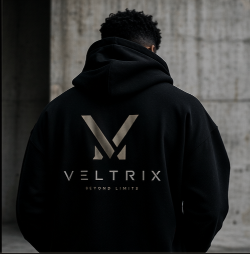 Person portant un sweat à capuche noir avec le logo Veltrix et la phrase 'Beyond Limits'